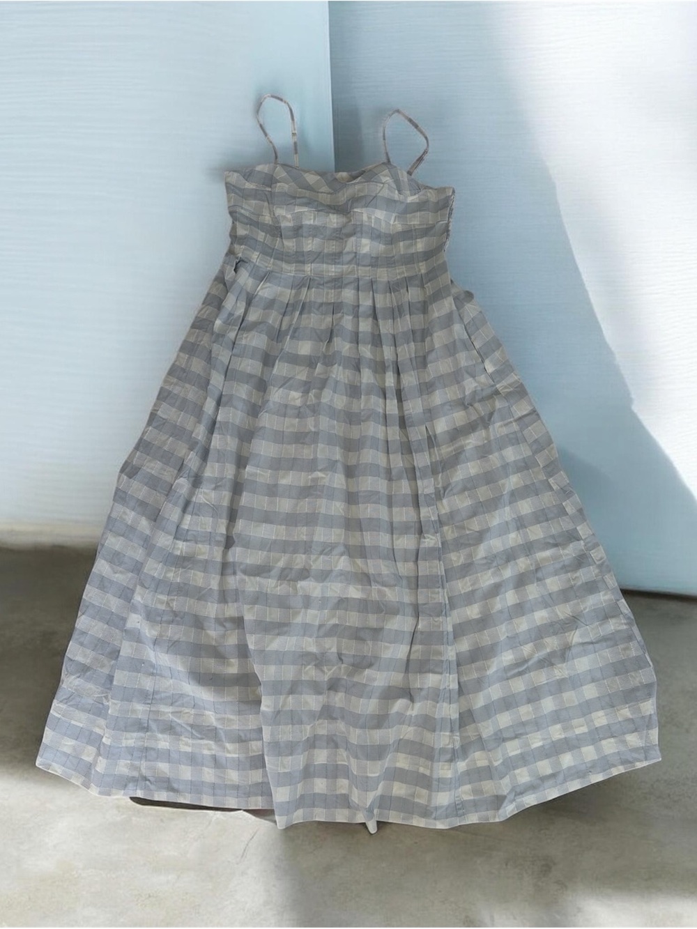 🌷🌷🌷 Caroline Constas Blue White Shadow Check Cotton Pleated Maxi SunDress size L - Picture 4 of 11